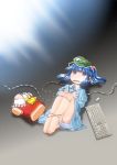  barbed_wire bare_legs barefoot blue_eyes blue_hair bound_legs commentary computer_keyboard damaged hair_bobbles hair_ornament hakurei_reimu hat kawashiro_nitori mizuki_hitoshi no_nose open_mouth pocket razor_wire solo tied_up touhou twintails 