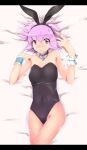  absurdres animal_ears bare_shoulders breasts bunny_ears bunny_girl bunnysuit fake_animal_ears fishnet_pantyhose fishnets highres jewelry lying minagokoro necklace pantyhose pink_hair rabbit_ears red_eyes saigyouji_yuyuko short_hair smile solo touhou wrist_cuffs 