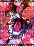  ascot bat_wings blue_hair brooch fang fuuna_(conclusion) hat highres jewelry open_mouth pentagram red_eyes remilia_scarlet short_hair skirt smile solo touhou wand wings wrist_cuffs 