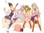  blonde_hair boots braid brown_hair closed_eyes couch crossover electric_guitar eyes_closed glasses green_hair guitar guvava heart instrument kneeling macchi macross macross_7 macross_frontier mylene_jenius nekki_basara pink_hair ranka_lee sheryl_nome sitting 