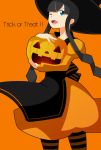  black_hair blue_eyes bow counterspell_(artist) dress english halloween hat jack-o&#039;-lantern jack-o'-lantern kamitsure_(pokemon) long_hair orange_(color) orange_background orange_dress pantyhose pokemon pokemon_(game) pokemon_bw2 solo striped striped_legwear trick_or_treat wink witch_hat 