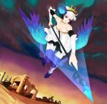  bare_shoulders blue_eyes detached_sleeves flying full_body gwendolyn odin_sphere polearm ruins sawa_(textic) serious silver_hair sky solo star_(sky) starry_sky tiara twilight weapon wings 
