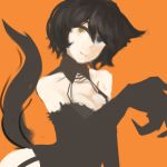  1girl animal_ears ati bare_shoulders black_hair blue_eyes breasts cat_ears cat_tail chibibro claws cleavage corset elbow_gloves garter_straps gloves heterochromia sekien_no_inganock short_hair smile solo tail yellow_eyes 