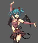  1girl aqua_eyes aqua_hair armpits bare_shoulders bat_wings belt black_legwear breasts center_opening cleavage cleavage_cutout collaboration demon_tail elbow_gloves eu03 fang garter_straps gloves hair_ribbon hatsune_miku heart heart_hunter highres navel open_mouth pan!ies pose project_diva ribbon short_hair short_twintails simple_background skirt solo tail thighhighs twintails vocaloid wings world_is_mine_(vocaloid) 