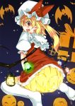  blonde_hair bloomers blush bow box dress fang flandre_scarlet from_behind gift gift_box glowing glowing_wings halloween harry_(namayake) hat hat_bow highres jack-o&#039;-lantern jack-o'-lantern lantern looking_back no_shoes open_mouth pointy_ears pumpkin red_eyes short_hair side_ponytail sitting thigh-highs thighhighs too_literal touhou wariza white_legwear wings 