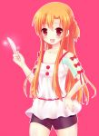  :d asuna_(sao) bike_shorts blush holding_knife knife long_hair matsunon_(artist) open_mouth orange_hair outline pink_background red_eyes simple_background smile solo sword_art_online 