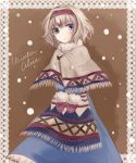  adapted_costume alice_margatroid apron blonde_hair blue_dress blue_eyes bow capelet dress frame gloves hairband highres looking_at_viewer mittens miyakure short_hair snowing solo touhou waist_apron 