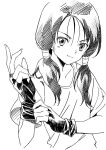  adjusting_gloves agahari black_hair dragon_ball dragon_ball_z dragonball_z fingerless_gloves gloves long_hair looking_at_viewer monochrome sketch smile solo twintails videl 