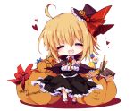  blonde_hair bow candy cape chocolate closed_eyes eyes_closed hair_bow hair_ribbon halloween hat lollipop necktie open_mouth pocky pumpkin ribbon rumia short_hair skirt smile solo touhou yukiusagi_(paretto) 