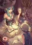  1girl aladdin_(magi) aqua_eyes aqua_hair blue_hair book bottle braid breasts cleavage hat hinkalo long_hair magi_the_labyrinth_of_magic shell shell_bikini single_braid staff turban witch_hat yamuraiha 