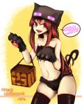  :d alternate_costume at2. bare_shoulders black_legwear cat_paws enderman halloween hat highres jack-o&#039;-lantern jack-o'-lantern long_hair midriff minecraft navel open_mouth paws personification purple_eyes red_hair redhead smile solo thigh-highs thighhighs trick_or_treat violet_eyes 