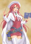  :d aty belt blue_eyes blush book boots cape glasses hida_tatsuo highres holding holding_book long_hair open_book open_mouth red_hair redhead smile solo summon_night summon_night_3 thigh-highs thigh_boots thighhighs white_legwear 