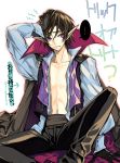  1boy ? black_hair chest code_geass creayus fang lelouch_lamperouge male open_clothes open_shirt pointy_ears short_hair sitting solo 