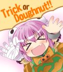  &gt;_&lt; bandage bandages blush child closed_eyes double_bun eyes_closed fang halloween halloween_costume ibaraki_kasen ichimi open_mouth outstretched_arms pumpkin shackle smile solo touhou trick_or_treat young 