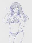  bikini blush breasts character_request cleavage commentary_request copyright_request kasuga_yukihito long_hair mono monochrome solo swimsuit 