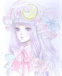 bangs blunt_bangs bowtie brooch chocoice000 colored_pencil_(medium) crescent crescent_moon double_bun hair_ribbon hat hat_ribbon jewelry long_hair low-tied_long_hair moon patchouli_knowledge purple_eyes purple_hair ribbon solo touhou traditional_media tress_ribbon violet_eyes 