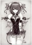  artist_name bandage bandages breasts cleavage_cutout double_bun flower graphite_(medium) ibaraki_kasen maco_(macoillust) monochrome short_hair skirt smile solo tabard thigh_gap thighs touhou traditional_media 