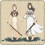  barefoot black_hair creator_connection dirty_feet dress hand_holding highres holding_hands ico long_hair mono multiple_girls pikonigiri shadow_of_the_colossus short_hair silver_hair stick sword time_paradox weapon white_dress yorda 