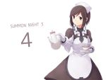  brown_eyes brown_hair cross cunnon cup gloves maid maid_headdress necktie oxo short_hair simple_background solo summon_night summon_night_3 white_background white_gloves 