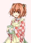  apron bell book checkered clothes_writing hair_bell hair_bobbles hair_ornament highres holding looking_at_viewer motoori_kosuzu open_mouth orange_eyes orange_hair red_eyes red_hair smile solo tam-out_(datam) touhou twintails two_side_up 