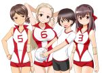  &gt;:d :d ball bike_shorts blonde_hair breasts brown_eyes brown_hair buruma clothes_writing flat_chest girls_und_panzer gym_shorts gym_uniform hairband isobe_noriko kawanishi_shinobu kondou_taeko large_breasts multiple_girls open_mouth sasaki_akebi short_hair sleeveless smile tanaka_rikimaru volleyball volleyball_uniform 