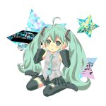  aqua_eyes aqua_hair blush boots detached_sleeves green_eyes green_hair hair_ornament hatsune_miku headset kiito long_hair looking_at_viewer necktie open_mouth simple_background skirt solo thigh-highs thighhighs twintails very_long_hair vocaloid 