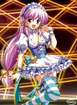  :d bag breasts cleavage copyright_request dress frilled_legwear frilled_thighhighs lolita_hairband long_hair low-tied_long_hair murasaki_natsu open_mouth pink_hair power-up smile striped striped_legwear thigh-highs thighhighs wrist_cuffs yellow_eyes 