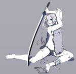 arms_up bandage bandages bare_legs bare_shoulders barefoot blue_eyes breasts copyright_request cutting_hair eyebrows eyepatch green_panties hair_cut katana navel pale_skin panties parted_lips razu_(rus) shorts silver_hair sitting solo sword toenails toes underwear unzipped weapon 