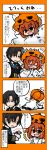  4koma ^_^ bag blush cattail closed_eyes comic costume dress_shirt embarrassed eyebrows eyes_closed fang hat highres jack-o&#039;-lantern jack-o'-lantern laughing musical_note necktie oono_mayu open_mouth outstretched_arms pixiv_azriel plant red_eyes red_hair redhead shirt smile tears tickling translation_request yanagi_(nurikoboshi) 
