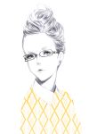  argyle eyelashes face glasses highres lips monochrome original portrait sawasawa shirt simple_background solo spot_color white_background 