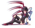  1girl asymmetrical_wings black_dress black_hair black_legwear bow dress high_heels houjuu_nue looking_at_viewer opilio reclining red_shoes shadow shoes short_hair simple_background sitting solo thighhighs touhou violet_eyes white_background wings wristband zettai_ryouiki 