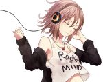 bare_shoulders brown_hair closed_eyes clothes_writing eyes_closed hand_on_headphones headphones idolmaster idolmaster_cinderella_girls jewelry necklace open_clothes open_jacket pt short_hair smile solo tada_riina tank_top 