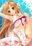  :d arm_up asuna_(sao) asuna_(sao-alo) bare_shoulders blush breasts brown_eyes brown_hair chain chains ear_covers elf leg_up long_hair looking_at_viewer looking_back minatsuki_alumi navel open_mouth pointy_ears ribbon smile solo sword_art_online titania_(sao) 