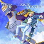  2boys blonde_hair blue_eyes blue_jacket bomber_jacket character_name dual_persona epaulettes glowing helmet jacket jeans keith_goodman multiple_boys power_suit sky sky_high sunjian superhero tiger_&amp;_bunny 