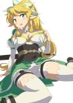  blonde_hair blush_stickers breasts choker cleavage elf green_eyes highres leafa pointy_ears simple_background solo sword sword_art_online tashiromotoi thigh-highs thighhighs weapon white_background white_legwear 