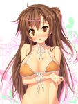  :o bare_shoulders bikini blush breast_hold breasts brown_eyes brown_hair bust chuunibyou_demo_koi_ga_shitai! cleavage collarbone front-tie_top hair_ornament hairclip highres hinata_nao long_hair looking_at_viewer navel nibutani_shinka one_side_up orange_bikini raised_eyebrows solo swimsuit swimsuit 