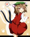  animal_ears brown_eyes brown_hair cat_ears cat_tail chen do_(4-rt) fang hat heart highres letterboxed long_sleeves multiple_tails open_mouth paw_pose paw_print shirt short_hair skirt skirt_set smile solo spoken_heart tail touhou turning vest 