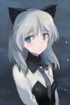  adult animal_ears blue_background blue_eyes bust cat_ears dark_background green_background grey_hair looking_at_viewer lowres necktie sanya_v_litvyak shimada_fumikane snow solo strike_witches uniform winter 