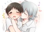  blush brown_hair closed_eyes ear_licking eyes_closed heart hoshihuri ikari_shinji licking multiple_boys nagisa_kaworu neon_genesis_evangelion short_hair silver_hair tears tongue wince yaoi 