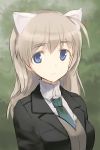  adult ahoge animal_ears blue_eyes bust cat_ears commentary_request green_background jacket light_brown_hair looking_at_viewer lowres lynette_bishop necktie shimada_fumikane solo strike_witches vest 