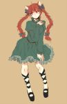 animal_ears braid brown_background cat_ears dress extra_ears full_body highres hinase_kei kaenbyou_rin long_hair mary_janes red_eyes red_hair redhead ribbon shoes simple_background solo touhou twin_braids twintails 