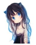  1girl animal_ears artist_name bangs black_hair blue_eyes cat_ears curly_hair mari_(milkuro) original ribbon sash skirt solo 