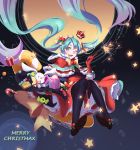  1girl ;d ahoge black_legwear blue_eyes blue_hair bow box candy candy_cane christmas crown gift gift_box gloves hair_bow hair_ribbon hatsune_miku long_hair looking_at_viewer mame_(yangqi787) merry_christmas mini_crown one_eye_closed open_mouth red_gloves ribbon sitting smile solo stuffed_animal stuffed_bunny stuffed_toy thigh-highs very_long_hair vocaloid 