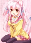  :d animal_ears bell black_legwear blush breasts brown_eyes cat_ears cat_tail cleavage collarbone fang hair_ribbon highres maruki_(punchiki) open_mouth original pink_hair ribbon shia_flatpaddy sitting skirt smile solo tail tail_ribbon thigh-highs thighhighs twintails v_arms wariza 