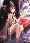  alternate_color bare_legs bare_shoulders bird black_eyes black_hair bow breasts detached_sleeves feet_in_water hair_bow hair_tubes hakurei_reimu hc highres long_hair m.u.g.e.n no_bra petals sideboob sitting soaking_feet solo touhou water 