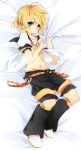  blonde_hair blue_eyes dakimakura from_above highres kagamine_len leeannpippisum leg_warmers looking_at_viewer lying male navel on_side shorts solo vocaloid 
