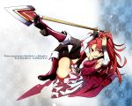  1girl :3 arms_up artist_request boots bracers detached_sleeves engrish long_hair magical_girl mahou_shoujo mahou_shoujo_madoka_magica mouth_hold pocky polearm ponytail red_eyes red_hair sakura_kyouko skirt sleeveless_jacket solo text thighhighs wallpaper weapon 