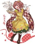  apron bell blush book boots character_name checkered checkered_shirt clothes_writing cross-laced_footwear glasses hair_bell hair_ornament holding holding_glasses japanese_clothes jingle_bell lace-up_boots long_sleeves motoori_kosuzu open_mouth red_eyes red_hair redhead ringetsumon short_hair smile solo text touhou twintails wide_sleeves youkai 