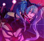  :q aqua_hair fangs hair_ornament hatsune_miku hips long_hair looking_at_viewer mjm_pxv party_junkie_(vocaloid) pink_eyes smile sparkle tongue twintails very_long_hair vocaloid 