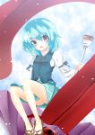  absurdres blue_eyes blue_hair cloud clouds heterochromia highres karakasa_obake open_mouth oumi_hi panties red_eyes short_hair skirt solo striped striped_panties tatara_kogasa tongue touhou umbrella underwear 